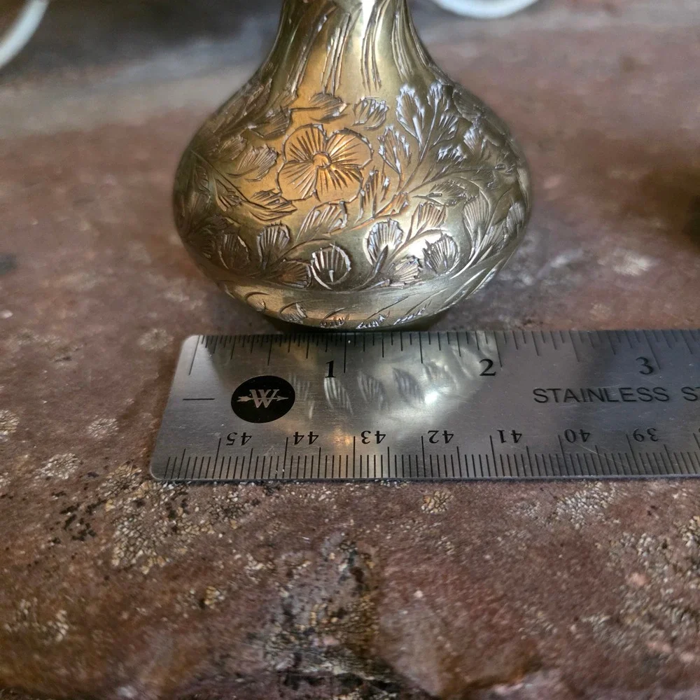 Vintage Brass Bud Vases Set of 2 Hand Etched Floral Made in India Gold Boho MCM